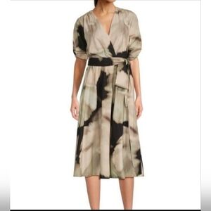 DKNY brown black blush multi ruched puffy sleeve‎ waist tie cotton dress size 10